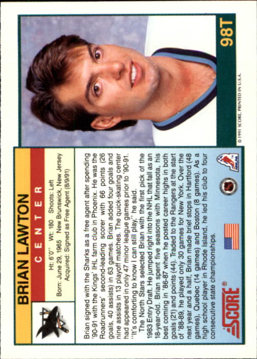 1991-92 Score Rookie Traded #98T Brian Lawton back image