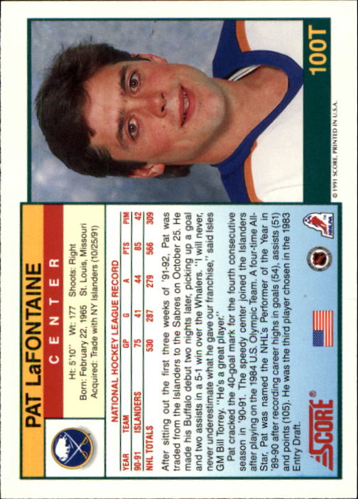 1991-92 Score Rookie Traded #100T Pat LaFontaine back image