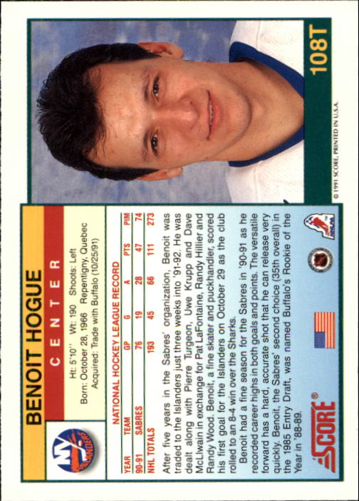 1991-92 Score Rookie Traded #108T Benoit Hogue back image