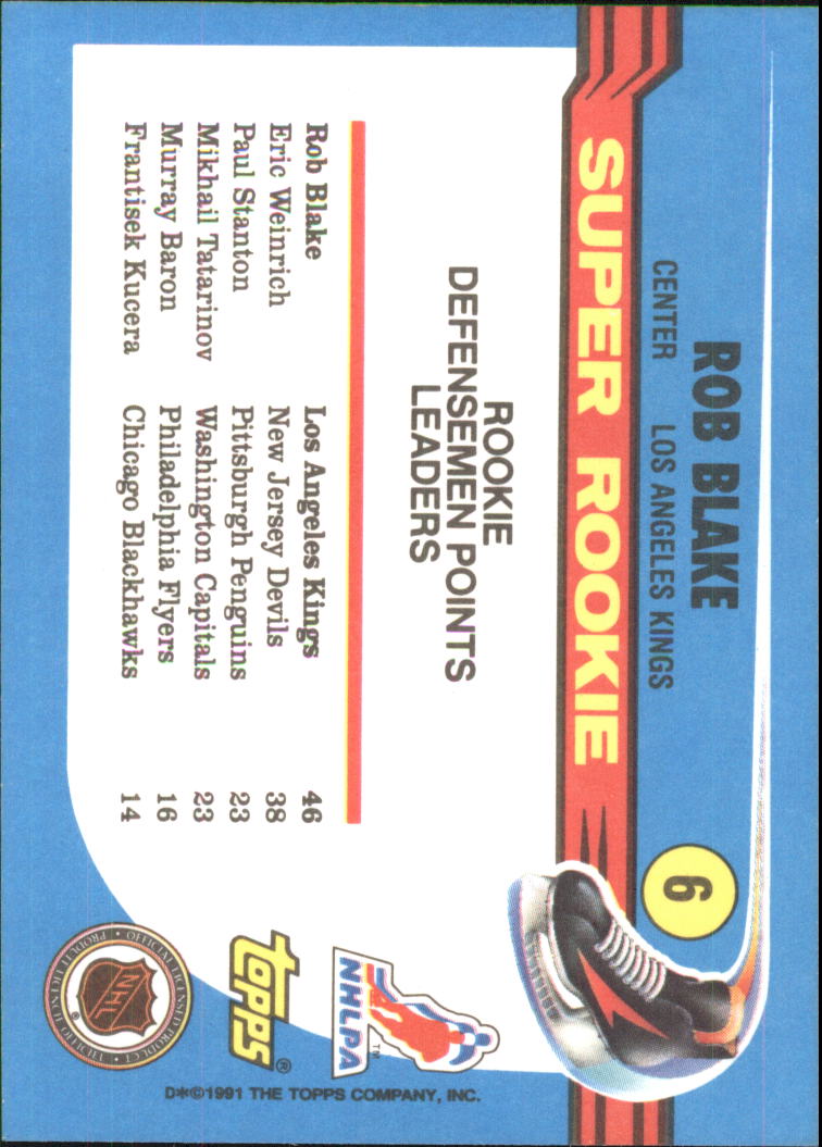 1991-92 Topps #6 Rob Blake SR UER/(Center on back,/should say Defense) back image