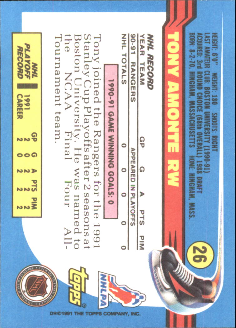 1991-92 Topps #26 Tony Amonte RC back image