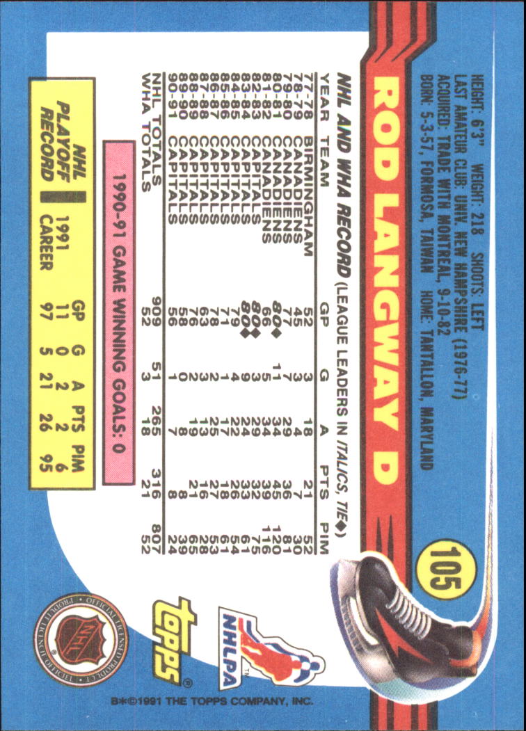 1991-92 Topps #105 Rod Langway back image