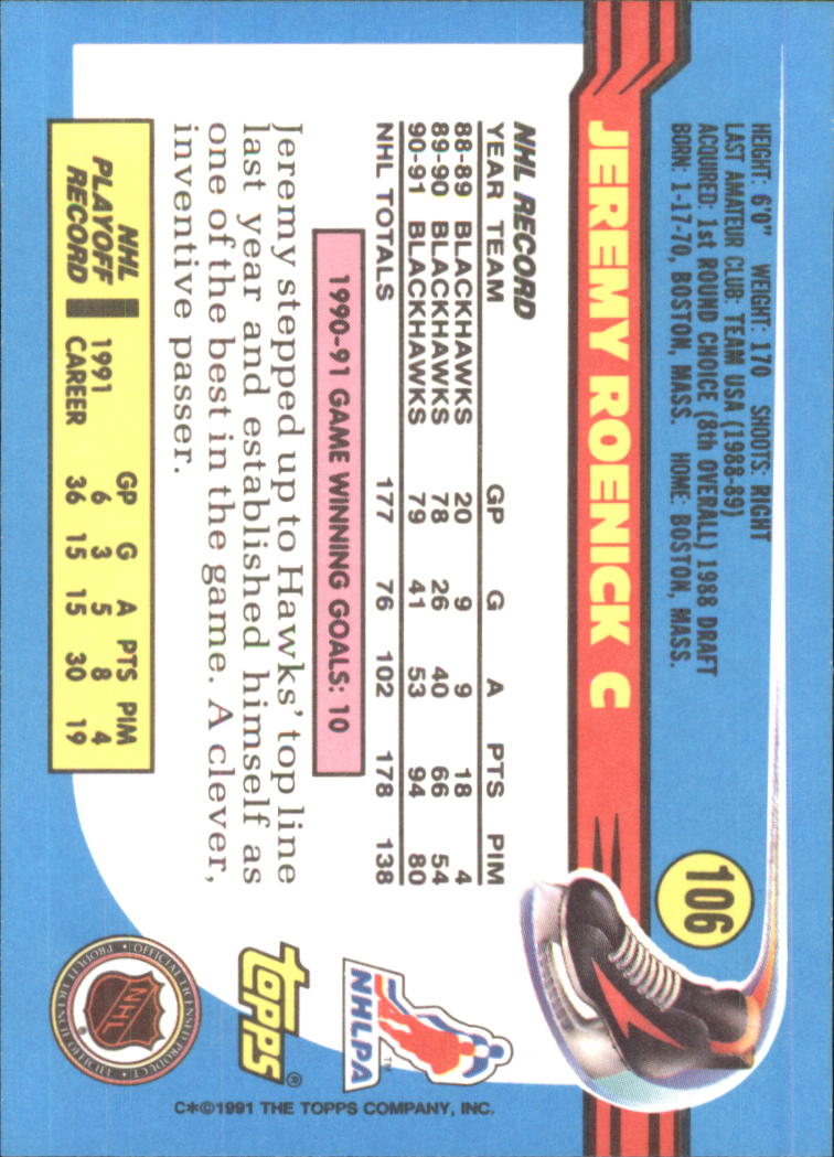 1991-92 Topps #106 Jeremy Roenick back image