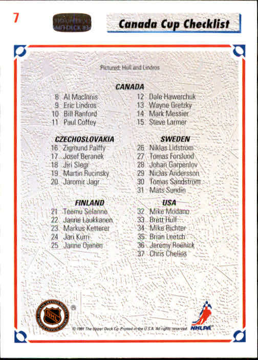 1991-92 Upper Deck #7 Canada Cup Checklist/Eric Lindros/Brett Hull back image