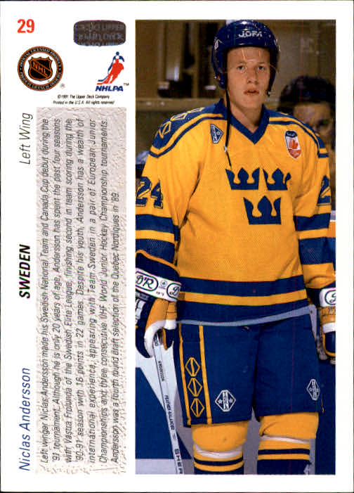 1991-92 Upper Deck #29 Niclas Andersson CC RC back image