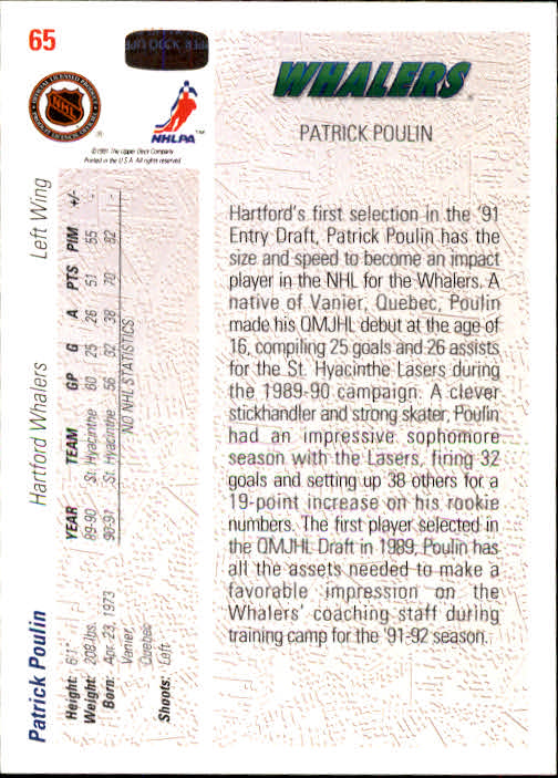 1991-92 Upper Deck #65 Patrick Poulin RC back image