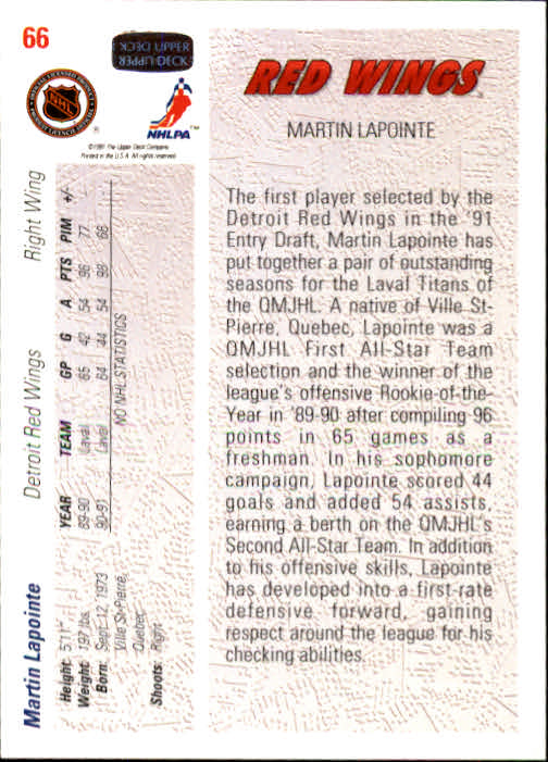 1991-92 Upper Deck #66 Martin Lapointe back image