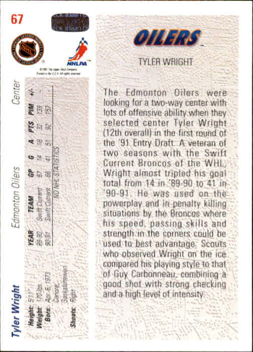 1991-92 Upper Deck #67 Tyler Wright RC back image