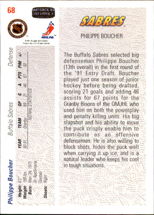 1991-92 Upper Deck #68 Philippe Boucher RC back image