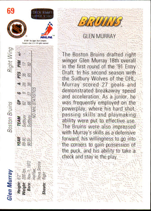 1991-92 Upper Deck #69 Glen Murray RC back image