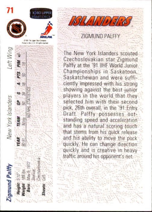 1991-92 Upper Deck #71 Zigmund Palffy RC back image