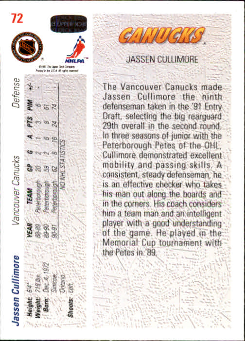 1991-92 Upper Deck #72 Jassen Cullimore RC back image