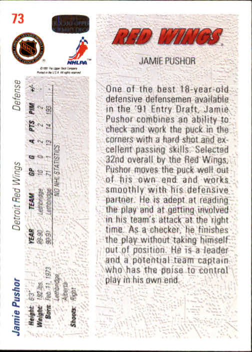 1991-92 Upper Deck #73 Jamie Pushor RC back image