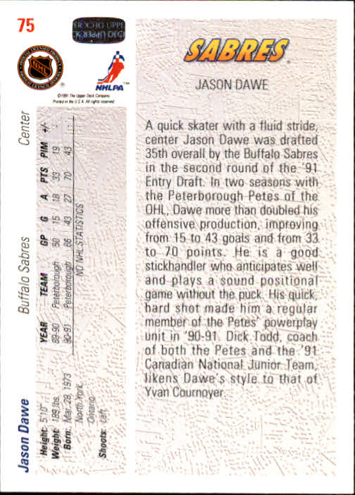 1991-92 Upper Deck #75 Jason Dawe RC back image