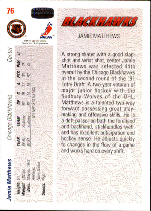 1991-92 Upper Deck #76 Jamie Matthews RC back image