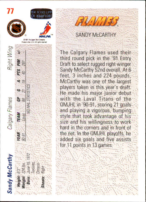 1991-92 Upper Deck #77 Sandy McCarthy RC back image