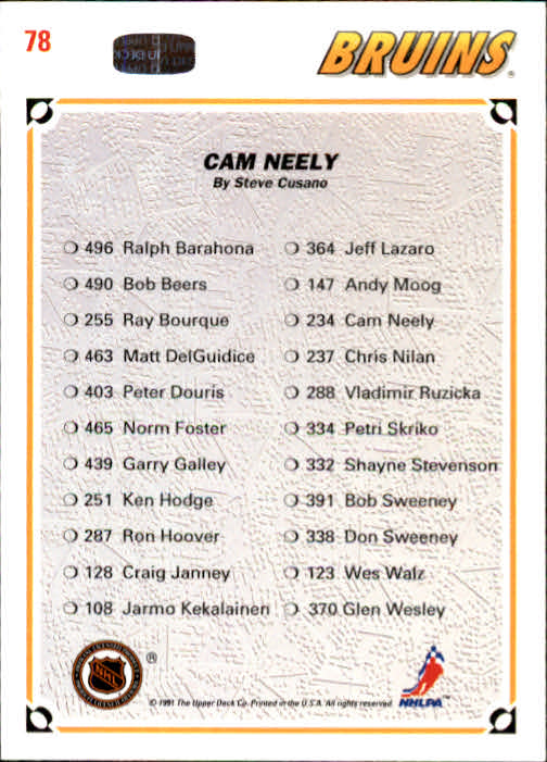1991-92 Upper Deck #78 Cam Neely/(Boston Bruins TC) back image