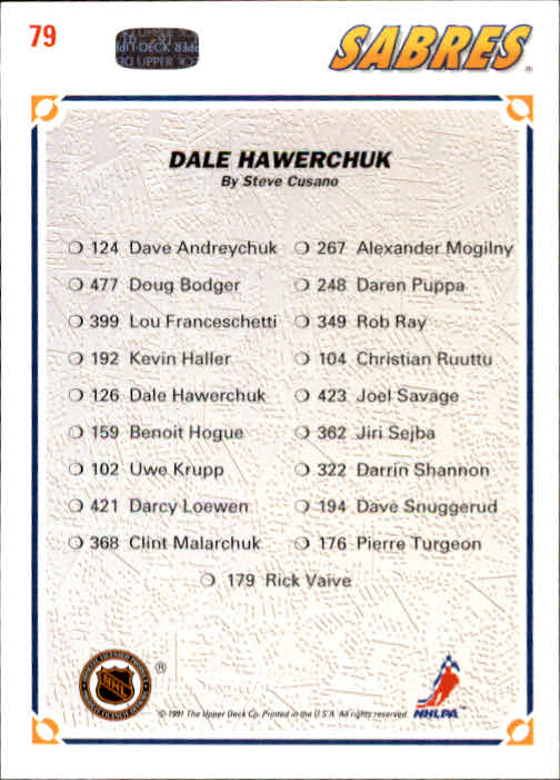 1991-92 Upper Deck #79 Dale Hawerchuk/(Buffalo Sabres TC) back image