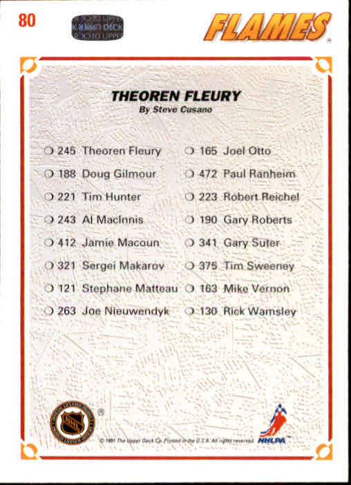 1991-92 Upper Deck #80 Theoren Fleury/(Calgary Flames TC) back image