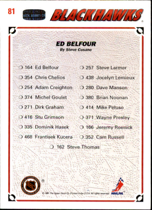 1991-92 Upper Deck #81 Ed Belfour/(Chicago Blackhawks TC) back image