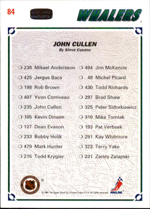1991-92 Upper Deck #84 John Cullen/(Hartford Whalers TC) back image