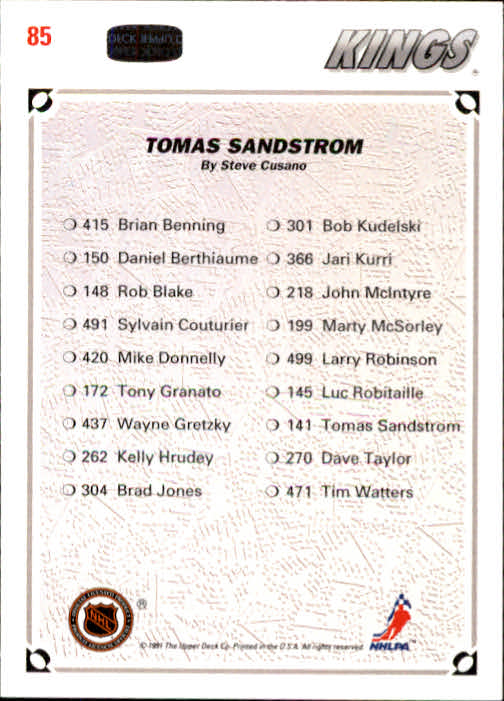1991-92 Upper Deck #85 Tomas Sandstrom/(Los Angeles Kings TC) back image