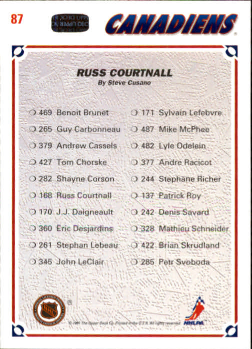 1991-92 Upper Deck #87 Russ Courtnall/(Montreal Canadiens TC) back image