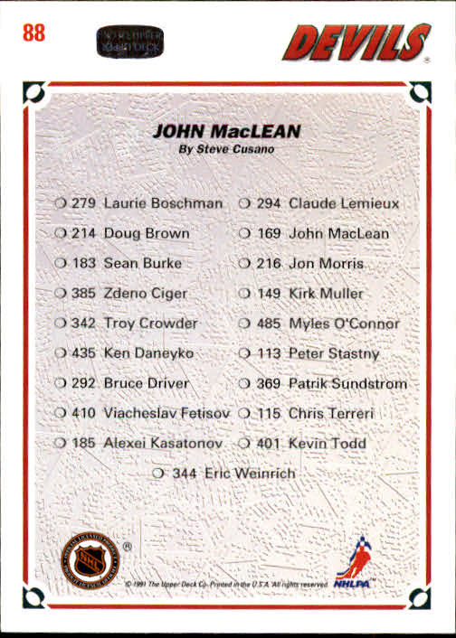 1991-92 Upper Deck #88 John MacLean/(New Jersey Devils TC) back image