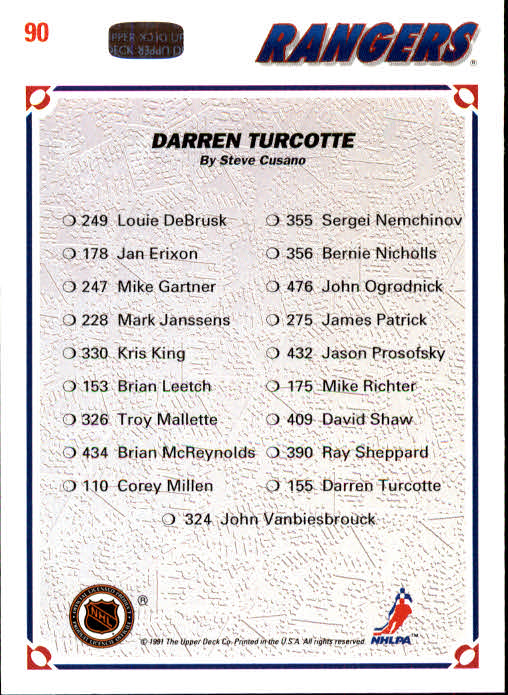 1991-92 Upper Deck #90 Darren Turcotte/(New York Rangers TC) back image