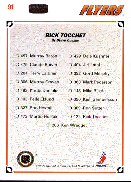 1991-92 Upper Deck #91 Rick Tocchet/(Philadelphia Flyers TC) back image