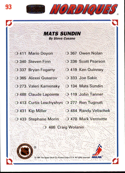 1991-92 Upper Deck #93 Mats Sundin/(Quebec Nordiques TC) back image