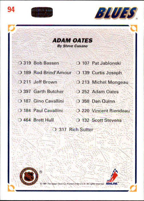 1991-92 Upper Deck #94 Adam Oates/(St. Louis Blues TC) back image