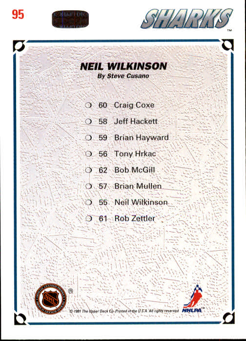 1991-92 Upper Deck #95 Neil Wilkinson/(San Jose Sharks TC) back image