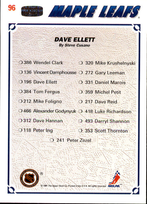 1991-92 Upper Deck #96 Dave Ellett/(Toronto Maple Leafs TC) back image
