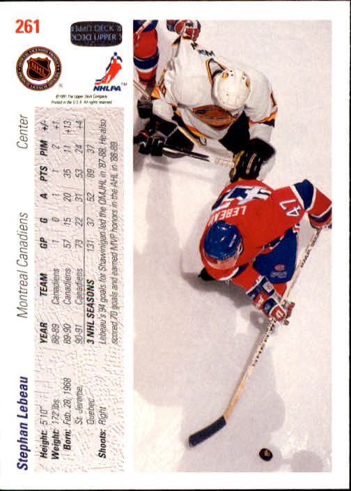 1991-92 Upper Deck #261 Stephan Lebeau back image