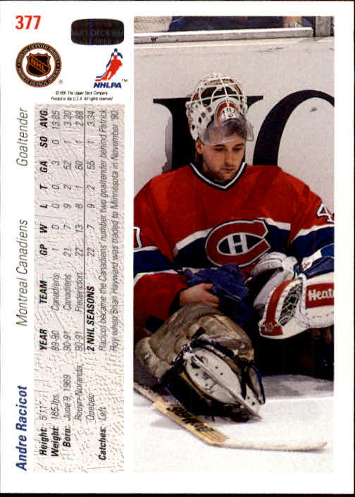 1991-92 Upper Deck #377 Andre Racicot RC back image