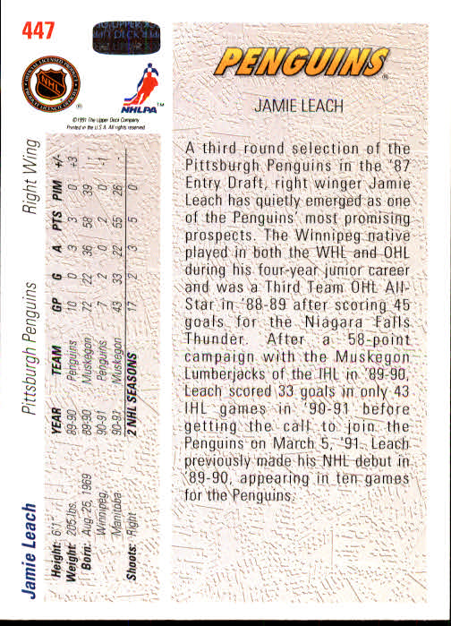 1991-92 Upper Deck #447 Jamie Leach SR back image
