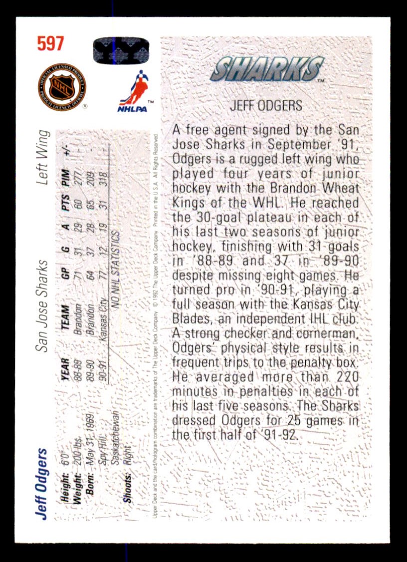 1991-92 Upper Deck #597 Jeff Odgers RC back image