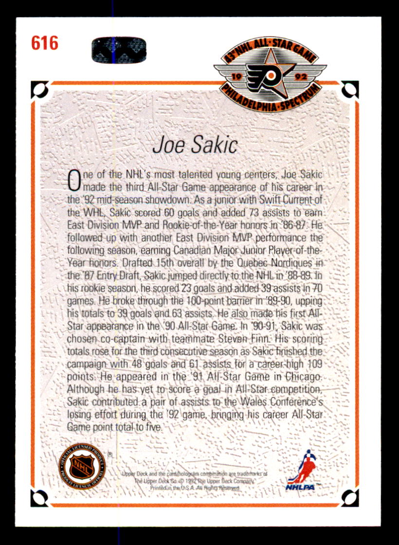 1991-92 Upper Deck #616 Joe Sakic AS back image