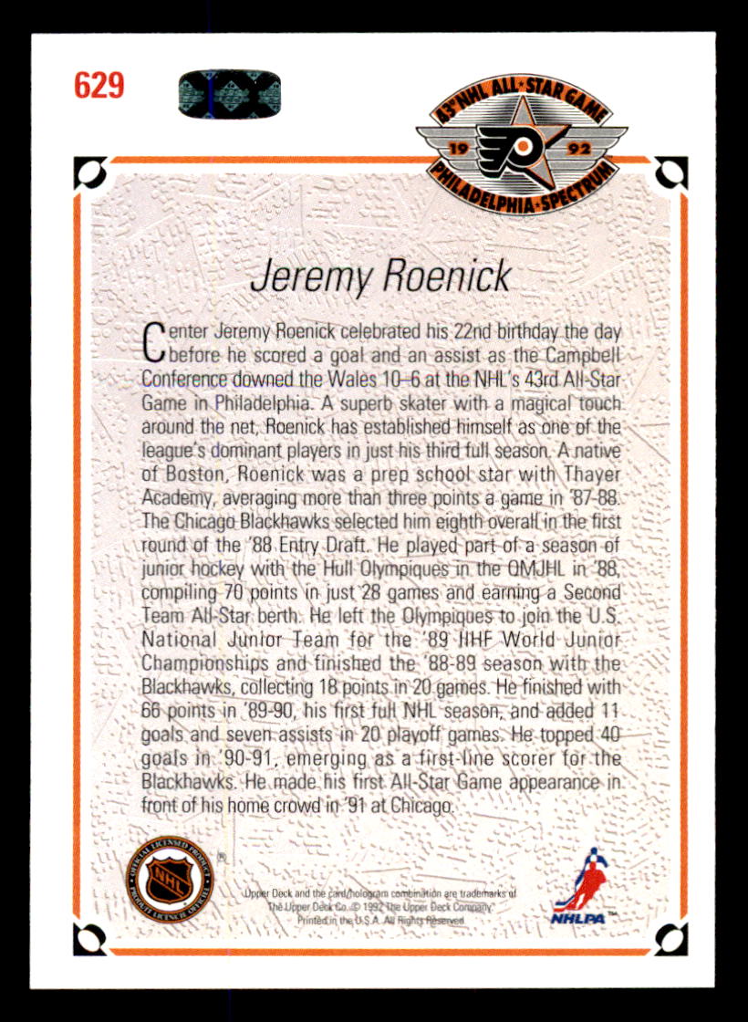 1991-92 Upper Deck #629 Jeremy Roenick AS back image