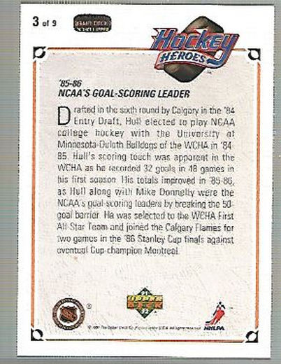 1991-92 Upper Deck Brett Hull Heroes #3 Brett Hull/NCAA's Goal-Scoring/Leader back image