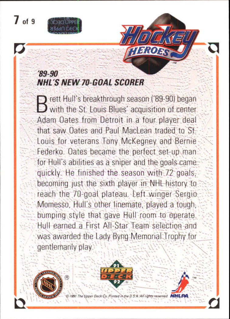 1991-92 Upper Deck Brett Hull Heroes #7 Brett Hull/NHL's New 70-Goal/Scorer back image