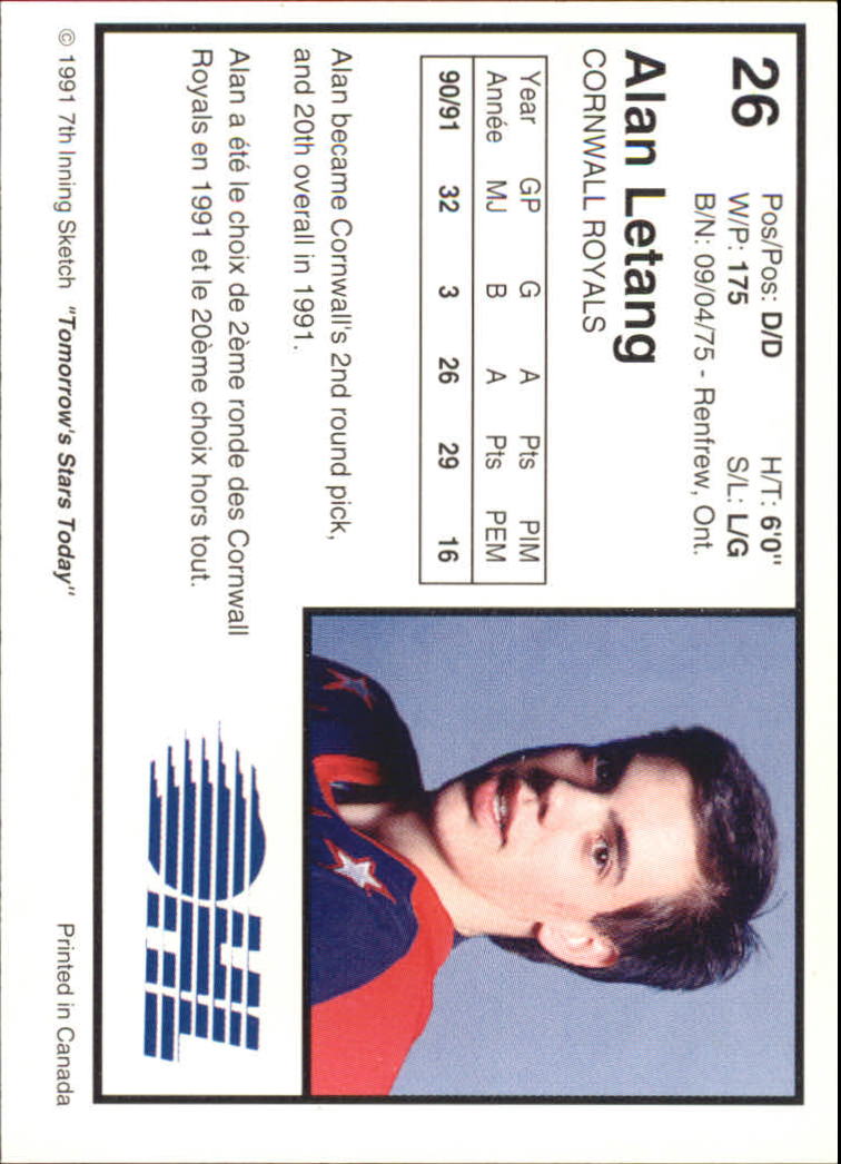1991-92 7th Inning Sketch OHL #26 Alan Letang back image
