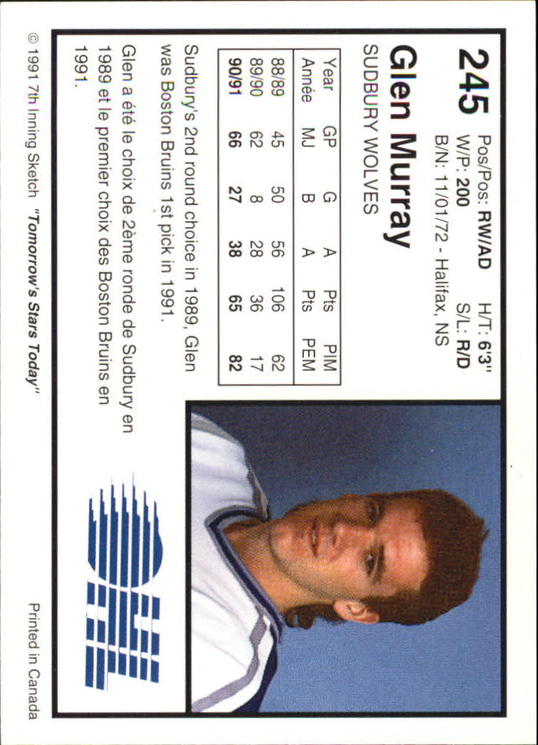 1991-92 7th Inning Sketch OHL #245 Glen Murray back image