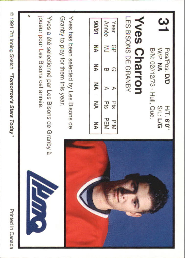 1991-92 7th Inning Sketch QMJHL #31 Yves Charron back image