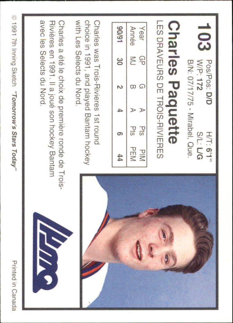 1991-92 7th Inning Sketch QMJHL #103 Charles Paquette back image