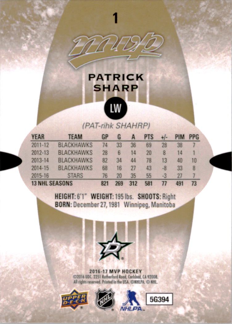 2016-17 Upper Deck MVP #1 Patrick Sharp back image