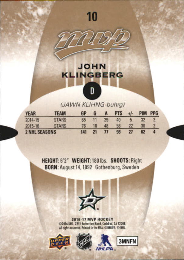 2016-17 Upper Deck MVP #10 John Klingberg back image