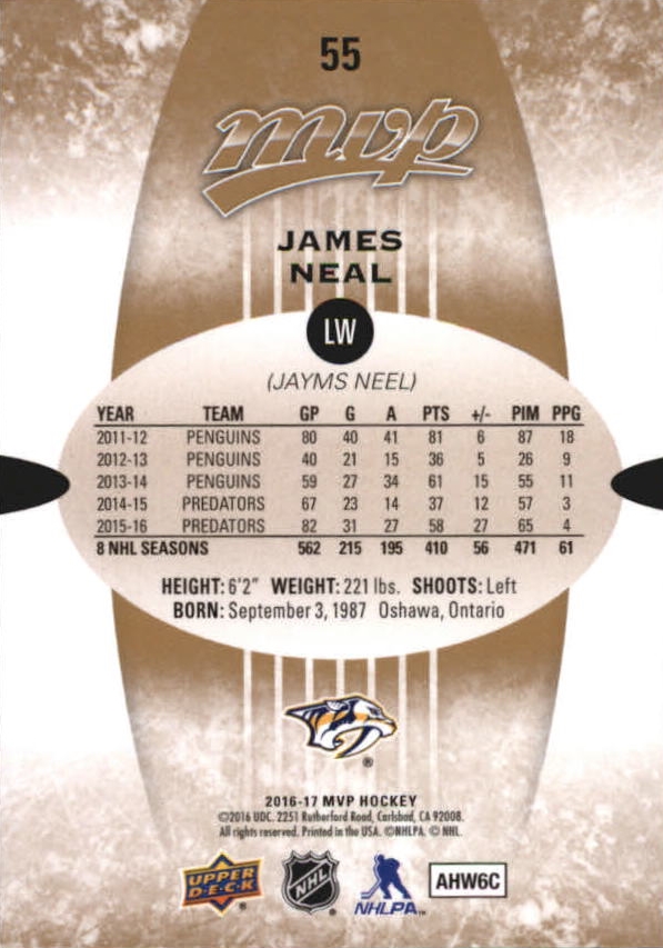 2016-17 Upper Deck MVP #55 James Neal back image