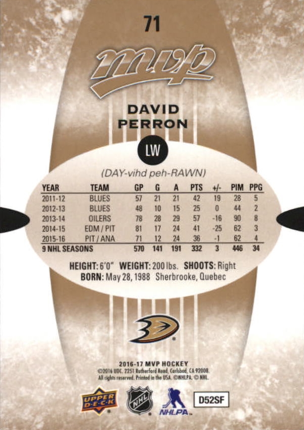 2016-17 Upper Deck MVP #71 David Perron back image